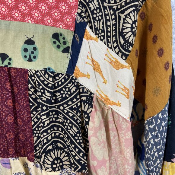 Gypsy Patchwork Peasant Boho Blouse Long Sleeve Tie Neck Multicolor Womens M/L - Picture 6 of 9